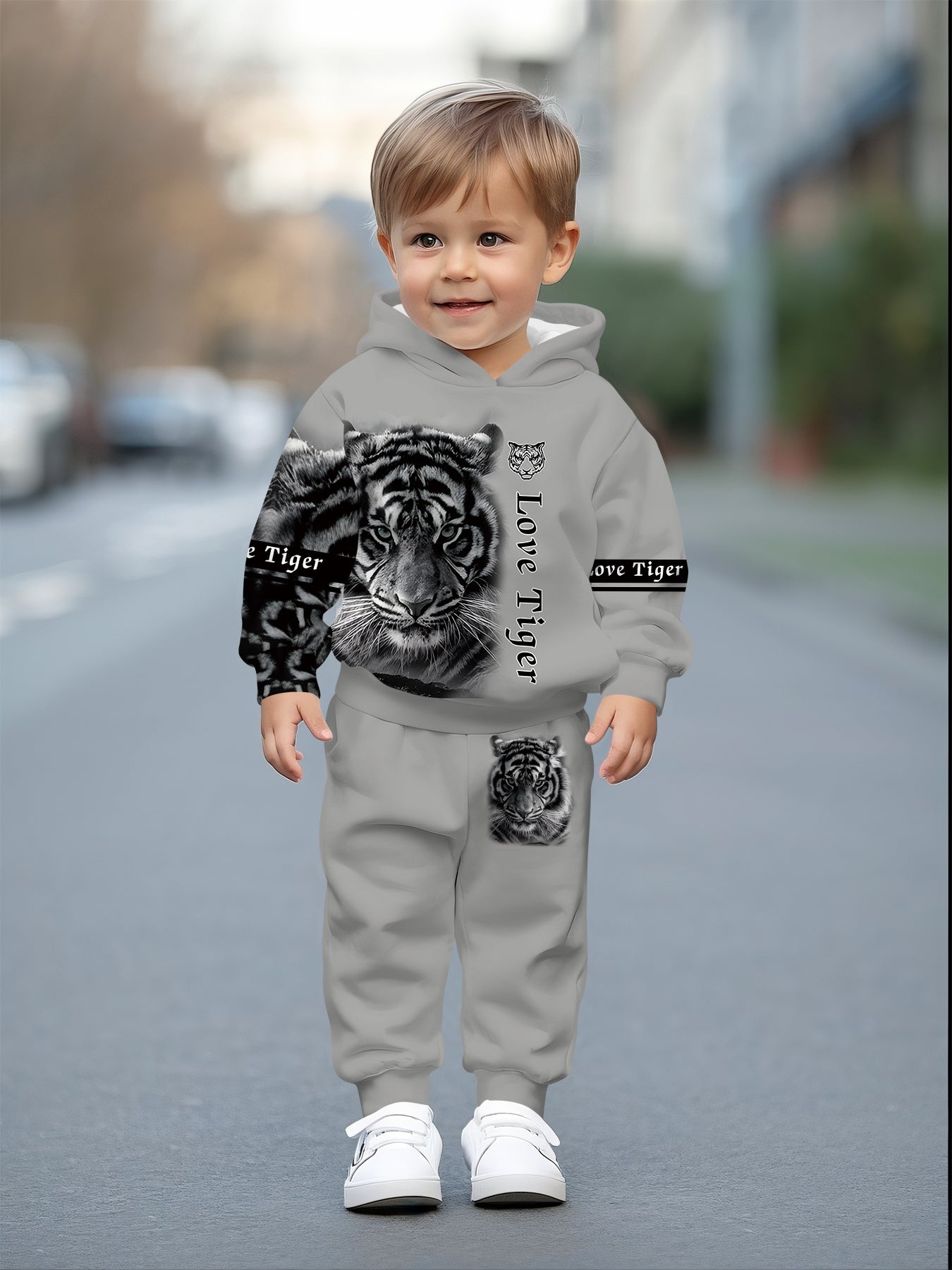 Boys' and Girls' Hooded Sweatshirt Set, Fashionable Tiger Pattern Design Print, Comfortable Spring/Autumn Outdoor Sports Casual Outfit, Perfect for Outdoor, Perfect for Outdoor