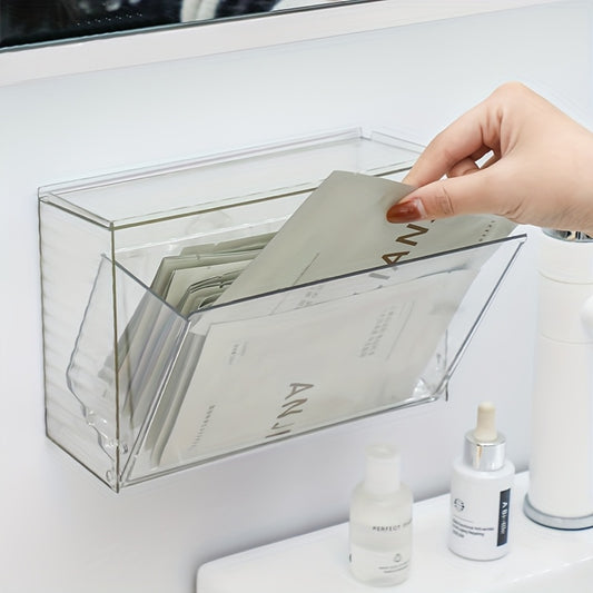 Wall-Mounted Face Mask Organizer - No Drill Cosmetic & Skincare Storage Box, Transparent Dustproof Plastic with Multiple Compartments, Portable Bathroom Vanity Organizer for Masks, Puffs & Cleansers, Makeup Storage Organizer, Sleek Design, Protective Lid