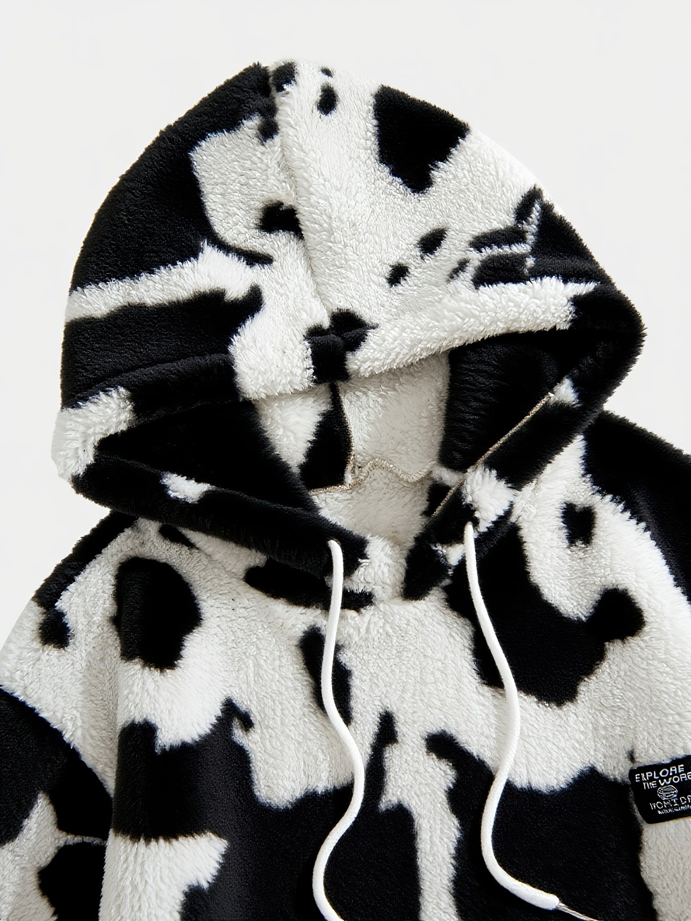 1pc Men'S Plush Hooded Sweatshirt - Soft Warm Winter Pullover with Brown & Cow Print, Cozy Casual Sweater for Fall/Winter, Long Sleeve Hooded Sweater with Pockets, Winter Sweatshirt, Fall Clothing, Color Block Design, Comfortable Fit, Fall Fashion