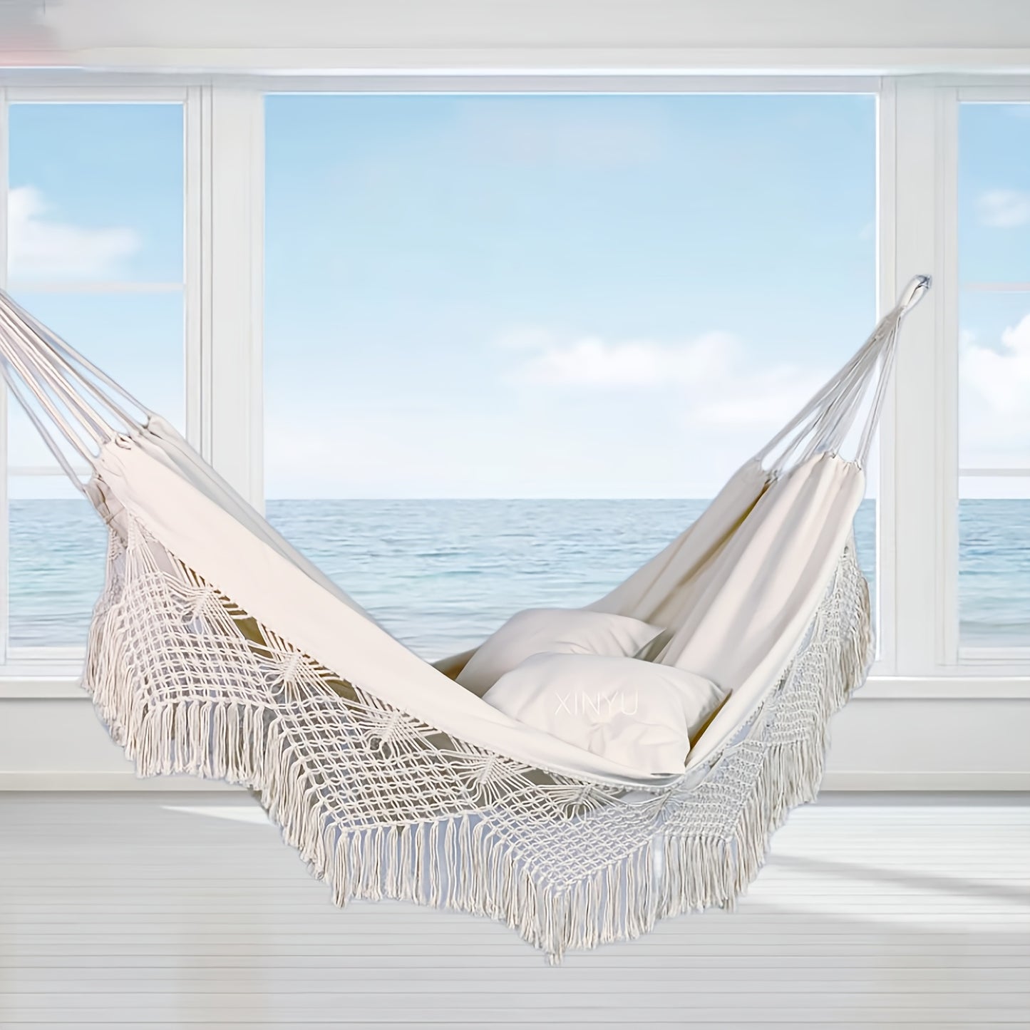 Heavy-Duty Thickened Tassel Canvas Hammock for Two - Premium Textile Outdoor Swing with Fringe Detailing, Ideal for Camping, Beach & Backyard Relaxation, Hammock for Camping, Thickened Canvas