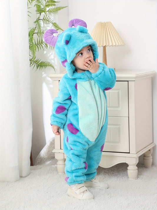 0-5 Years ' Soft Flannel Hooded Jumpsuit with Blue & Purple Dinosaur Ears & Paws - Cozy Winter, Loose-Fit One-Piece Outfit for to 5-Year-Olds, Hand Washable (Ideal for Themed Parties & Casual Attire) - Adorable Fleece Hoodie with Snap Buttons, Non-Stretc
