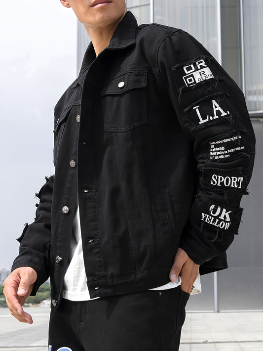 Men'S High Street Style Black Faux Denim Jacket with "BIG" Letter Patch - Loose Fit, Long Sleeve, Button-Up Front, Casual Workwear Jacket for Casual Attire, Casual Outerwear | Trendy Faux Denim Jacket | Functional Pockets