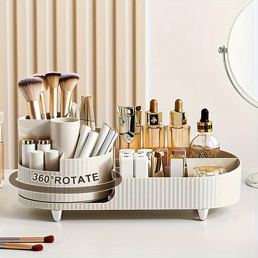 1 Fashion Rotating Makeup Storage Box, Large Cosmetic Organizer with Brush and Lipstick Cup, Foldable Plastic Desktop Organizer, Suitable for Bedroom Dressing Table, Bathroom, Living Room- Black and Cream White