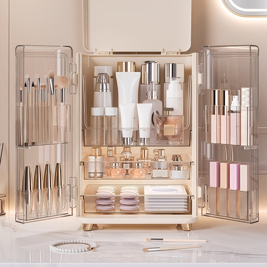 Life Declaration Cosmetic Organizer - Large Capacity Clear Plastic Makeup Storage Box with Doors, Multi-Compartment Vanity Organizer for Brushes, Bottles, and Cosmetics, Transparent Design for Easy Visibility, Bathroom Countertop & Dressing Table, Makeup