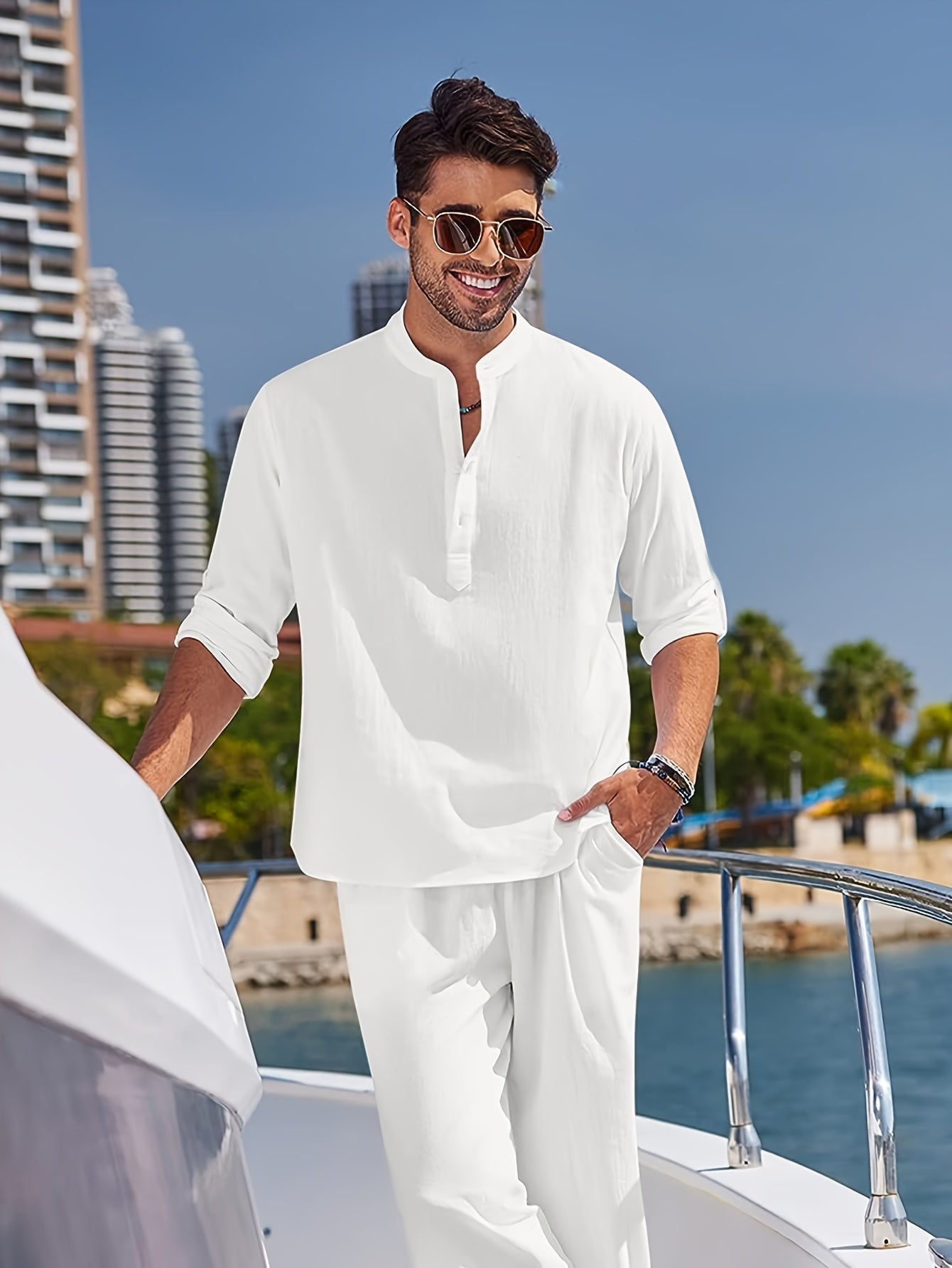 Men's Linen Blend Retro Henley Shirt Long Sleeve T-shirt Tee, Casual Comfy Shirts For Men Spring Summer Autumn, Men's Clothing Tops For Beach Yoga