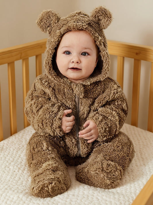 Newborn Boys' Cute Cartoon Print Fleece Hooded Romper with Footed Pants - Cozy Brown Bear Design, Zipper Closure, Soft Warm Winter Outfit for Indoor & Outdoor Wear, for Outdoor