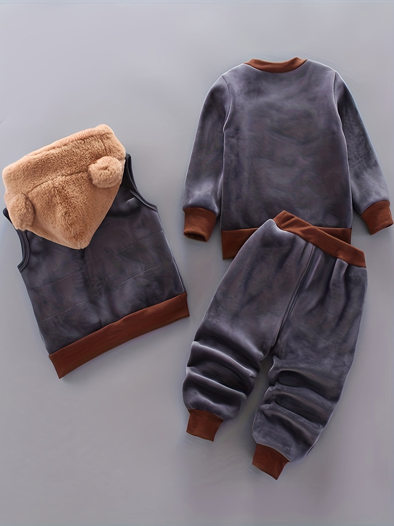 3pcs Boys' Plush Bear Set with Hooded Vest, Snap-Fit Pants & Footless Jacket - Soft Warm Winter Outfit with Brown Teddy Bear Ears & Paws, Cozy Casual Play Clothes for to 12m, Easy-Care (Hand Wash/Dry Clean) - Ideal for Christmas & Casual Attire, Perfect