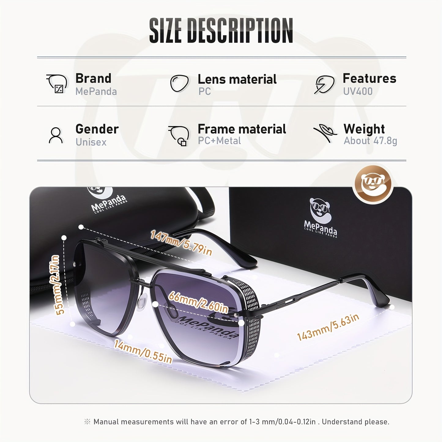 1pc MePanda Vintage Square Metal Double Bridge Fashion Glasses, Stainless Steel Frame with PC Lenses, Retro Eyewear for Daily Leisure, Includes Case