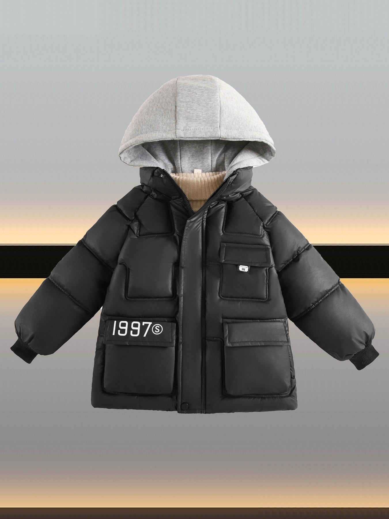 Boys' Winter Warm Coat Featuring a Trendy Faux Two-Piece Design, Print with Polyester Fiber, Thickened for Warmth, Windproof, And Equipped with a Hood, Perfect for Youth Outerwear.