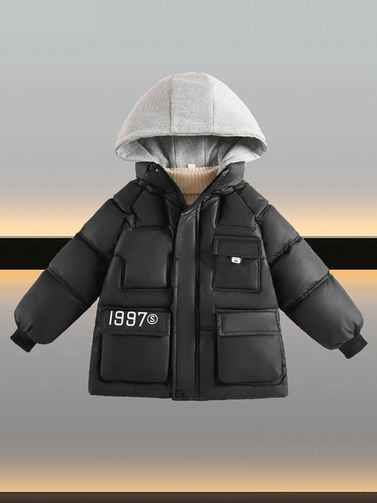 Boys' Winter Warm Coat Featuring a Trendy Faux Two-Piece Design, Print with Polyester Fiber, Thickened for Warmth, Windproof, And Equipped with a Hood, Perfect for Youth Outerwear.