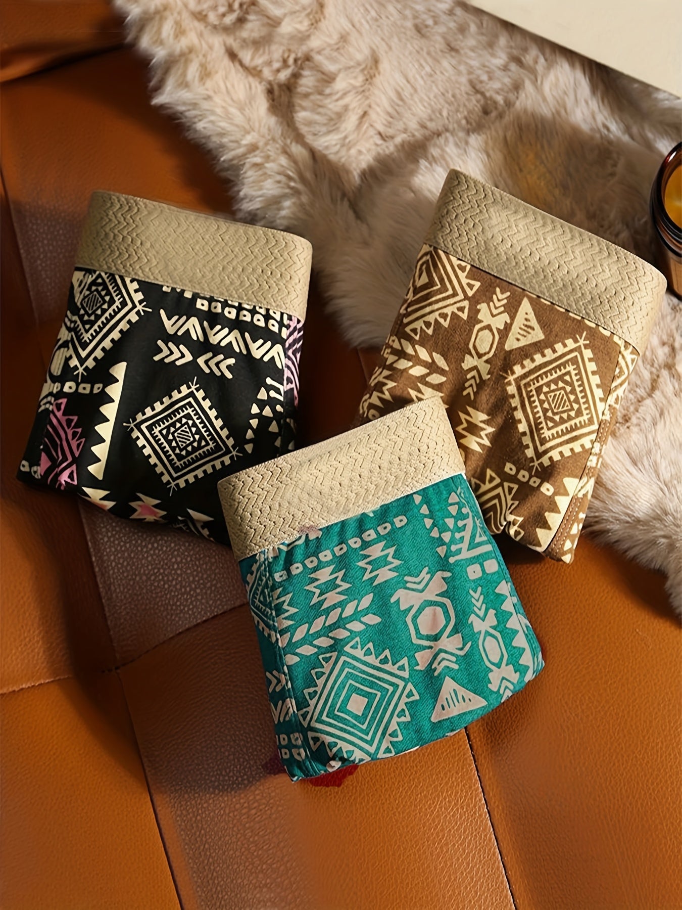 8-Pack Men's Boxer Briefs - Ethnic Tribal Print Retro Casual Underwear, Soft Stretchy Fabric, Machine Washable, Assorted Patterns (Teal/Black/Golden/Brown)