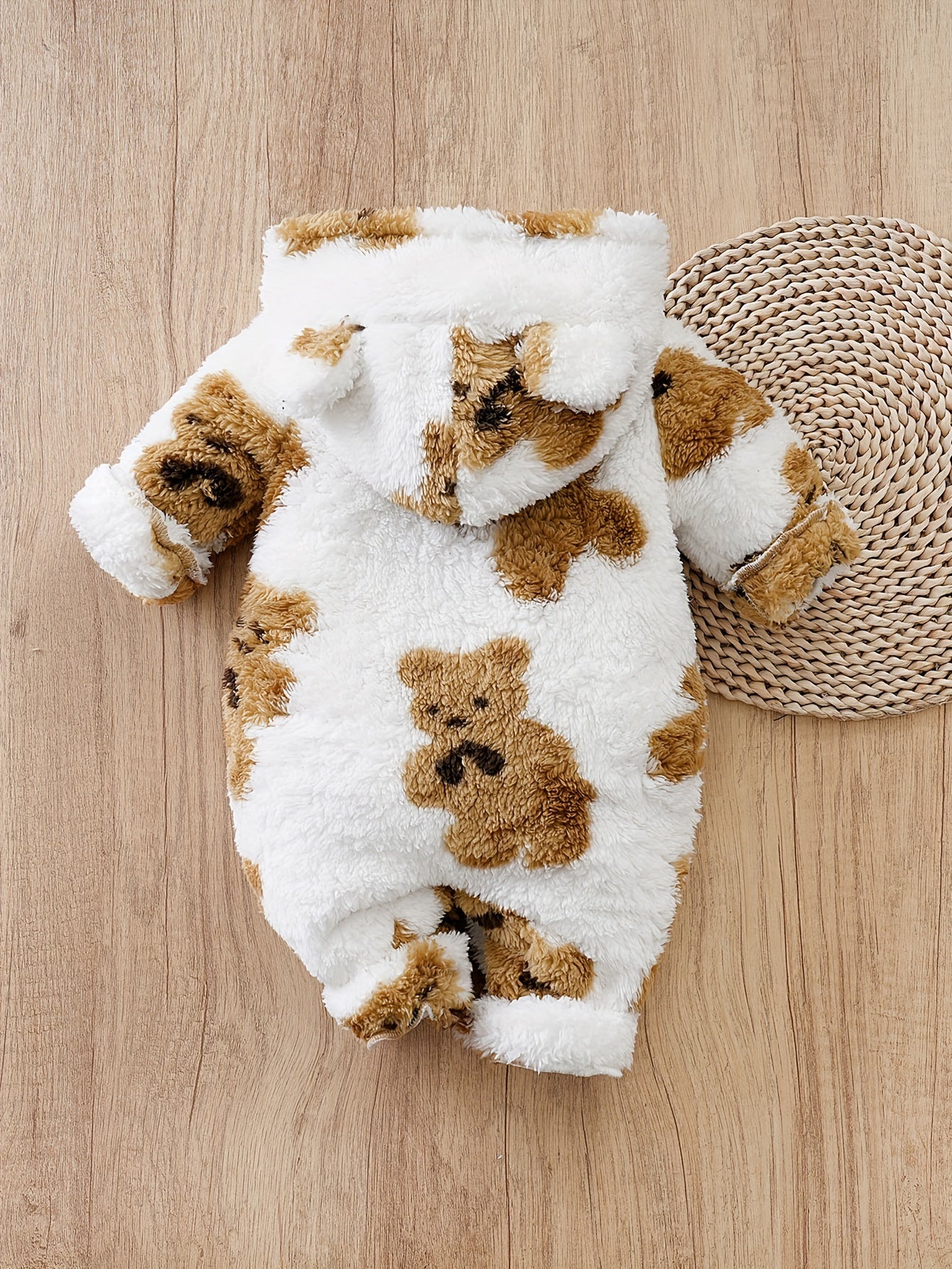 2-Pack Winter Baby Boy Romper, Cartoon Bear Print, Double-Sided Fleece, Warm Hooded Zipper Long Sleeve Onesie, Casual Style, Polyester Knit Fabric, Regular Fit - Fall/Winter Collection, for Outdoor