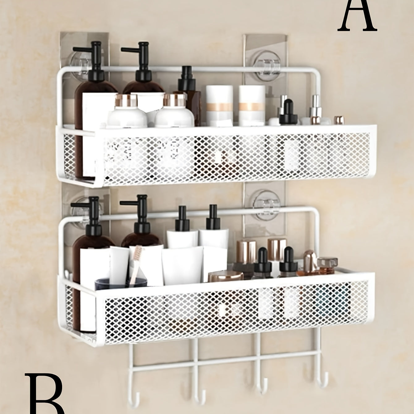 1pc White Iron Bathroom Wall-Mounted Storage Shelf with Adjustable Shelves & Suction Cup Hooks - No Drill Installation, Space-Saving Modern Design for Shower, Bathtub, Sink Organization - Rust-Resistant Paint Finish, Durable Bathroom Organizer