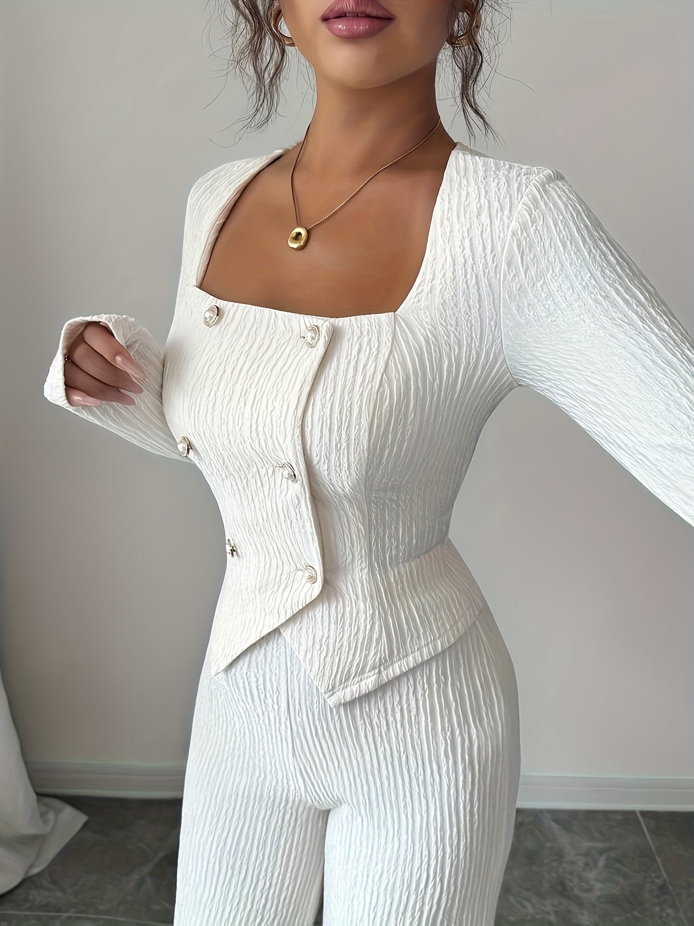 Women's Autumn/Winter Solid Color Square Neck Long Sleeve Slim Fit Top and Loose Pants Simple Elegant Set, Two-Piece
