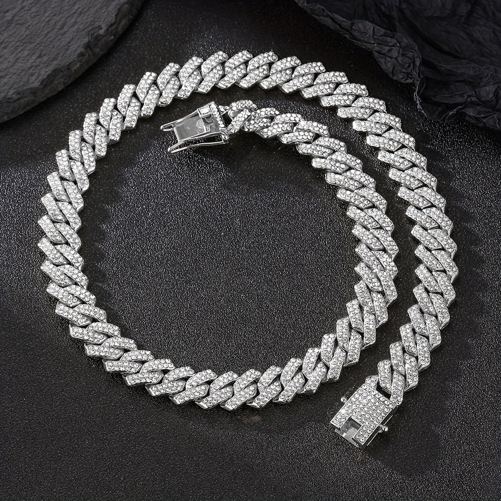 1pc 13.5MM Solid Iced Out Link Chain Necklace - Stylish Hip Hop Rapper Fashion Jewelry for Men - Durable, Hypoallergenic, and Nickel-Free