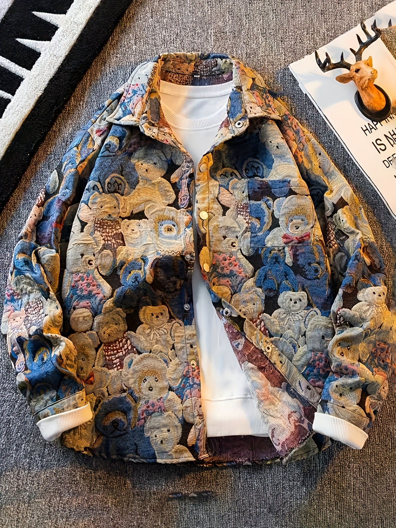 Men'S Vintage Americana Shirt Jacket - Softshell Button-Front Coat with Teddy Bear Pattern, Classic Collar & Pocket - Lightweight Casual Outerwear for Everyday & Formal Events - Retro Jacket in Blue/Red/Beige/Black/White/Gray/ - Autumn Layering Essential