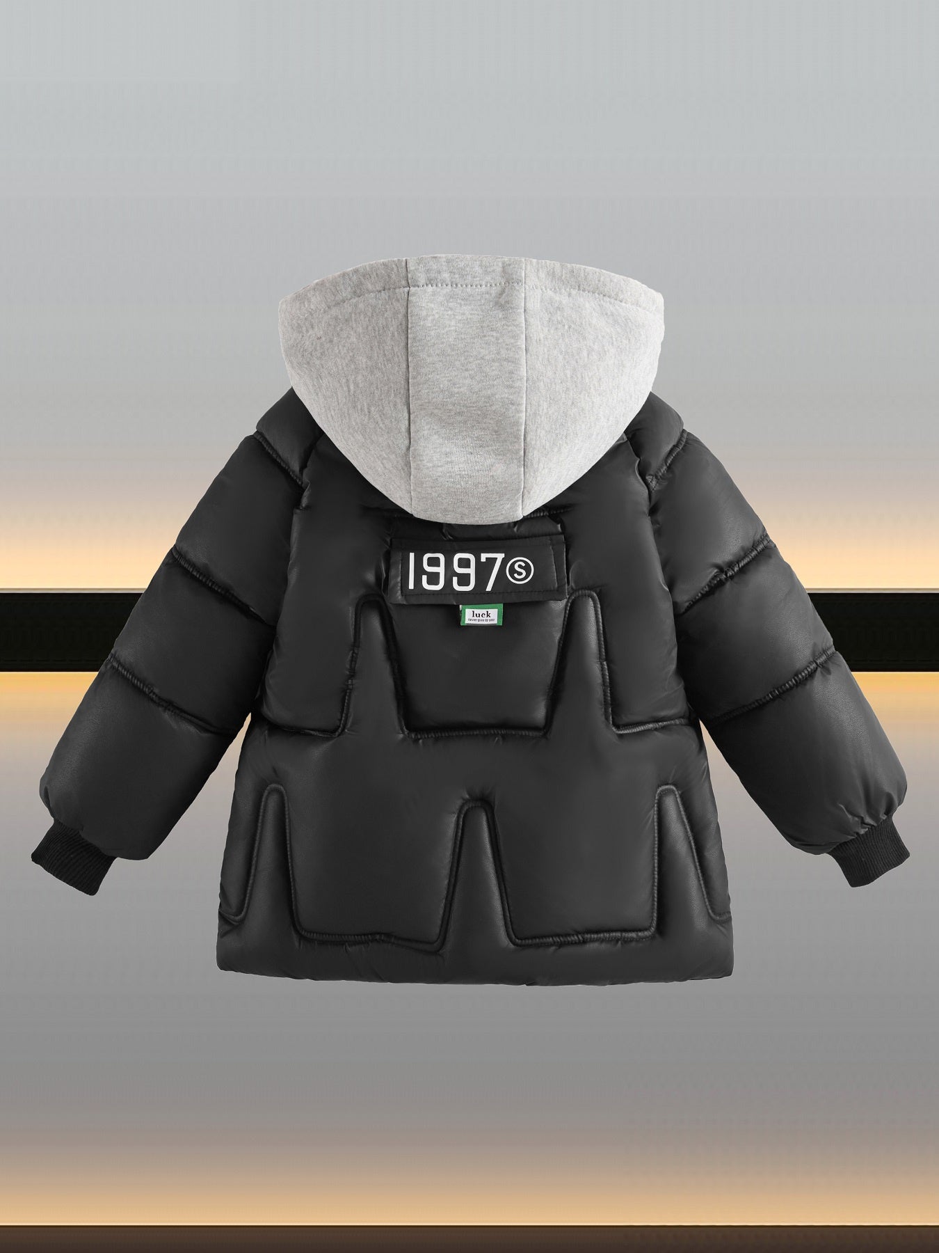 Boys' Winter Warm Coat Featuring a Trendy Faux Two-Piece Design, Print with Polyester Fiber, Thickened for Warmth, Windproof, And Equipped with a Hood, Perfect for Youth Outerwear.