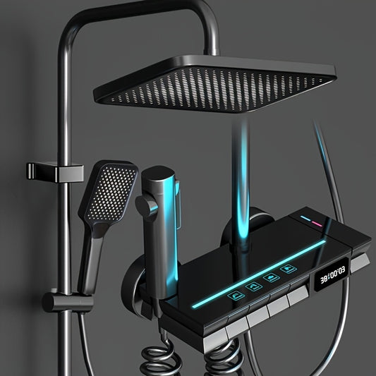 Digital Shower Head System with Piano Keys in Grey, Featuring Smart LED Display and Ambient Lighting, Suitable for Home Bathrooms, Bathroom Handheld Showers, Ideal Gift for Bathroom Accessories and Decor