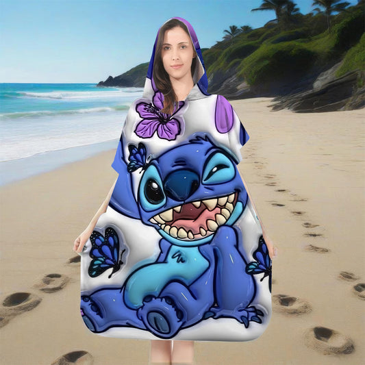 1pc Disney Stitch & Lilo Beach Bathrobe with Hood - Quick-Dry, High Colorfastness, Unisex Towel Cape for Home & Bathroom, Modern Polyester & Nylon Design, Bathrobe for Bathing, Playful Character Robe, Quickdry Robe
