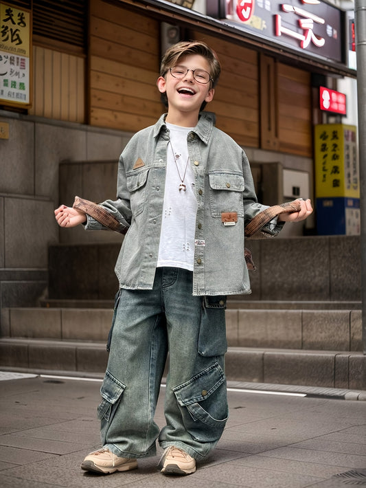 Boys' Autumn Loose Fit Denim Jacket and Cargo Jeans Set for Daily, School, Casual, and Outdoor Wear, Perfect for Outdoor