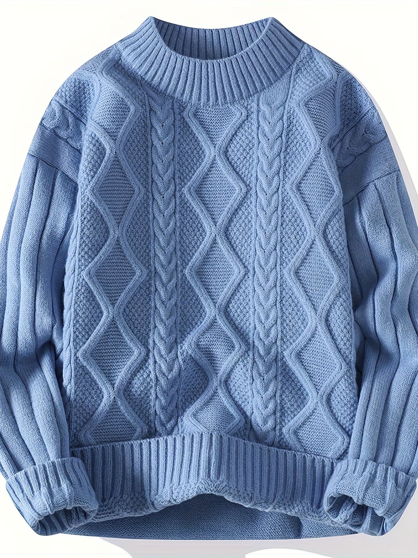 Men'S Cozy Blue Cable Knit Sweater - Long Sleeve, Crew Neck, Ribbed Texture, Perfect for Fall/Winter, Casual Style, Casual Winter Wear | Cable Knit Sweater | Construction, Sweater Vest, Men Jumper And Sweater, Men Jumper Knitwear, Men Jumper Blue, Sweate