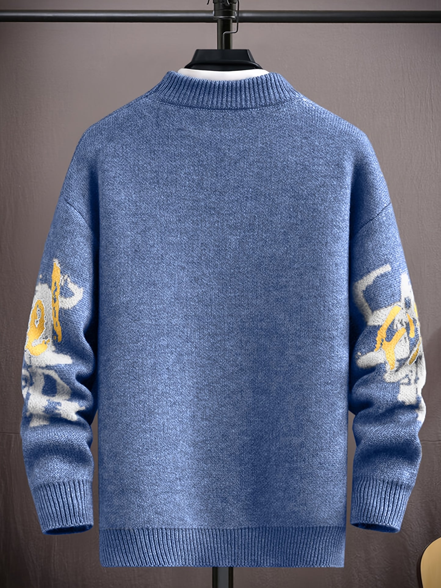 Men'S Sweater - Dark Grey & Yellow Letter Graphic Pullover, Relaxed Fit Long Sleeve Knit Sweater for Fall/Winter, Layering Essential Casual Formal Outfits - Ideal Gift for Men, Knit Sweater, Winter Clothing, Drop Shoulder Design, Comfortable Wear, Fall F