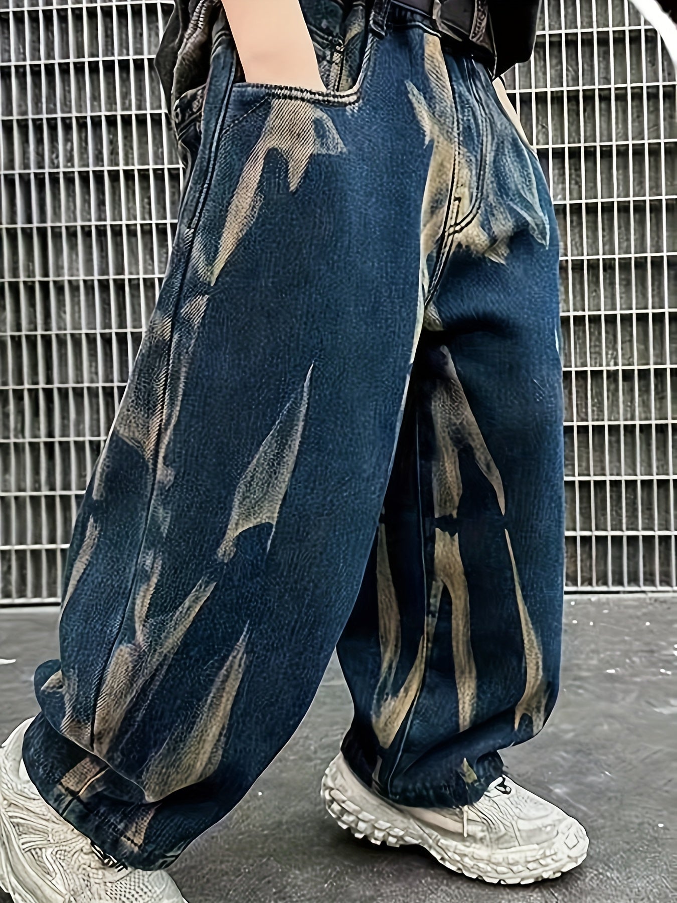 Y2K Boys' High-Waisted Washed & Tie-Dye Distressed Faux Denim Faux Denim - Stretchy Loose-Fit Straight-Leg Pants with Frayed Hem & Belt Loops, Vintage Streetwear Style For Outdoor & Casual Wear