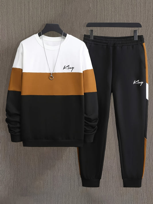 Men's 2pcs Casual Gym Set - Oversized Color Block Sweatshirt & Jogger Pants with White/Black/Brown Contrast, Polyester Knit Athletic Outfit for Training, Gym & Casual Attire, Spring/Fall Sportswear (Machine Washable)