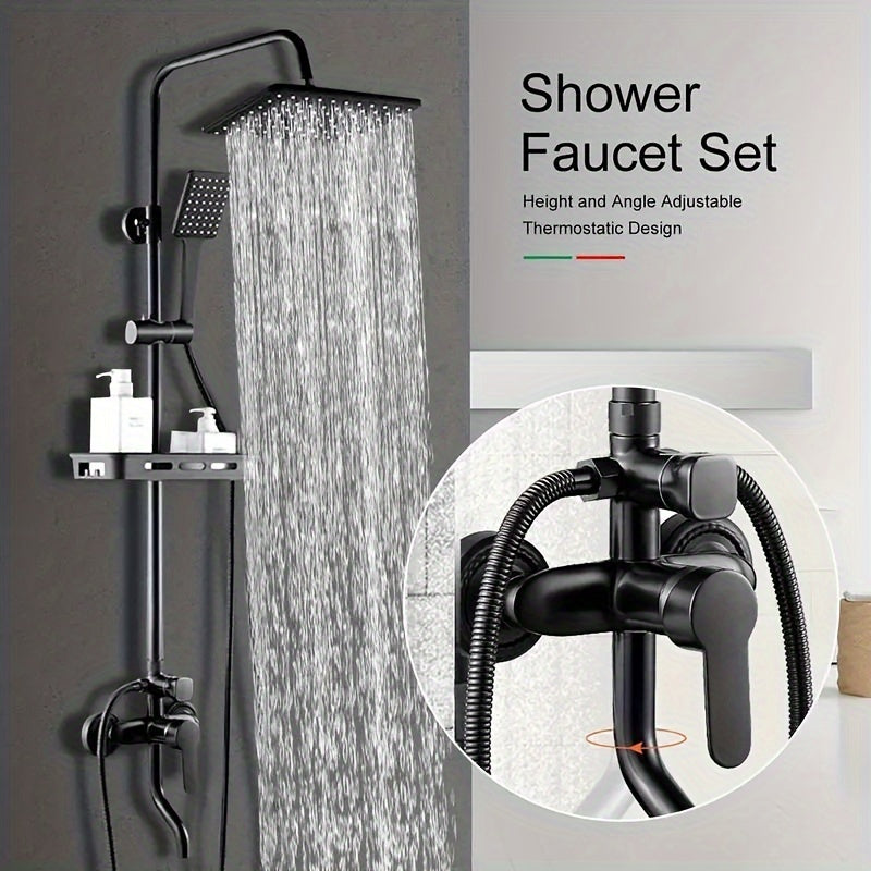 Metal Thermostatic Shower Faucet Set - Wall Mount Rectangle Shower System with Height and Angle Adjustable Spray Head for Home and Hotel Use