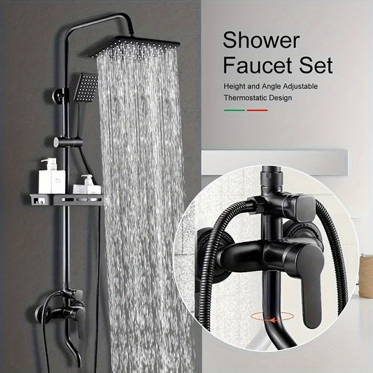 Metal Thermostatic Shower Faucet Set - Wall Mount Rectangle Shower System with Height and Angle Adjustable Spray Head for Home and Hotel Use