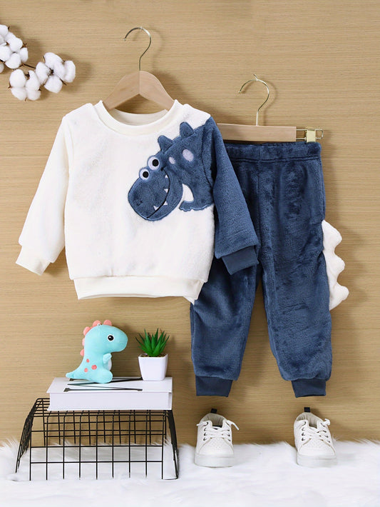 Cozy Coral Fleece Dinosaur Clothing Set for Youngsters - Soft, Warm & Skin-Friendly Long Sleeve Top and Pants, Machine Washable
