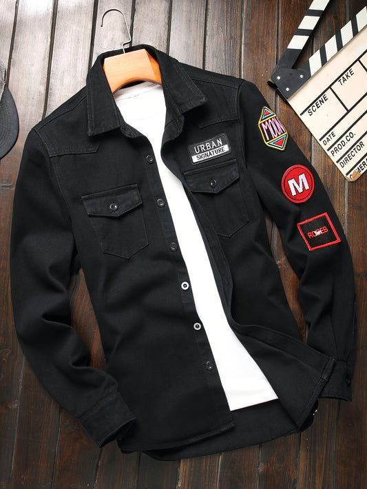 American High Fashion Badge Pocket Denim Shirt, Stylish Versatile Black Top Without Belt/Accessories