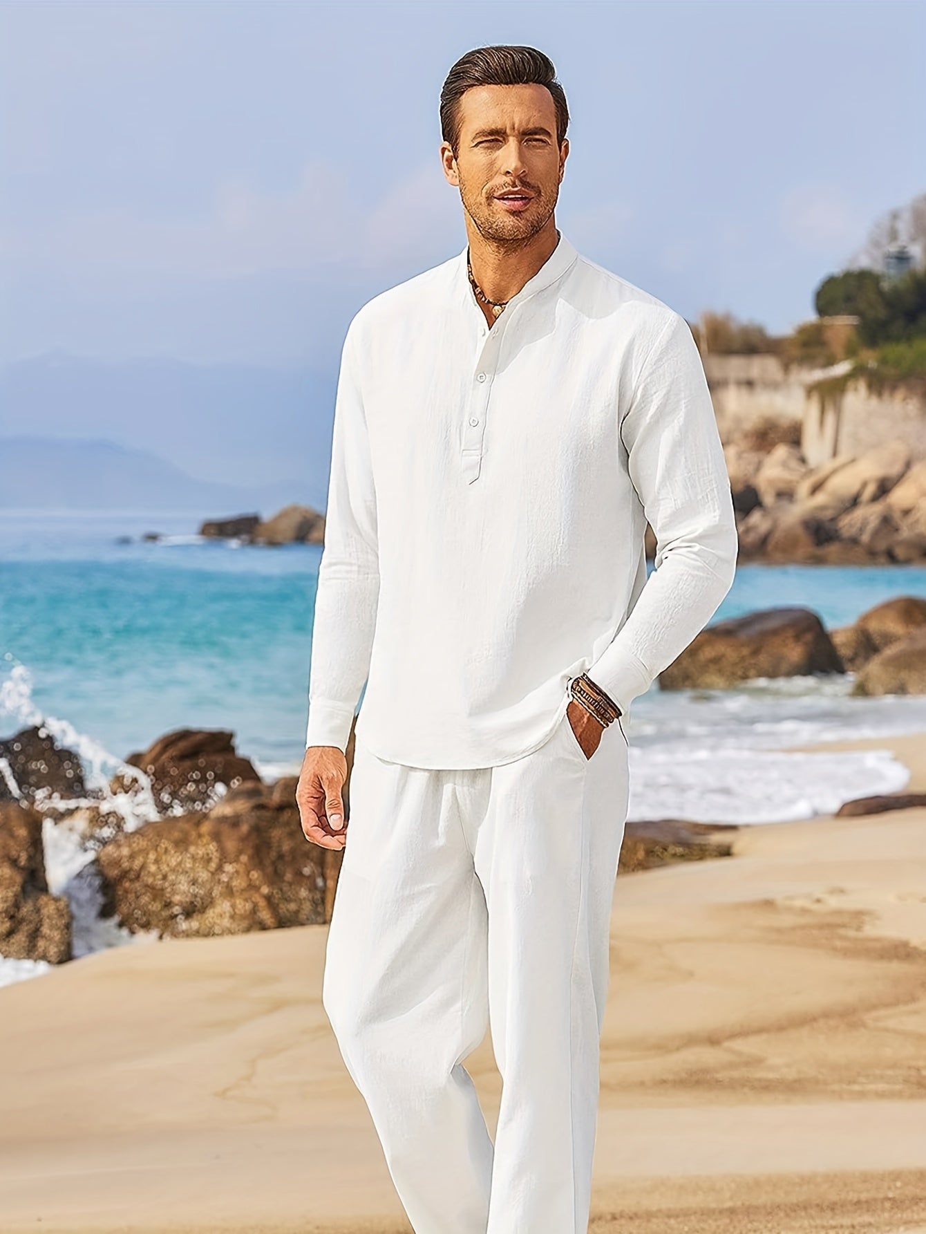 Men's Linen Blend Retro Henley Shirt Long Sleeve T-shirt Tee, Casual Comfy Shirts For Men Spring Summer Autumn, Men's Clothing Tops For Beach Yoga