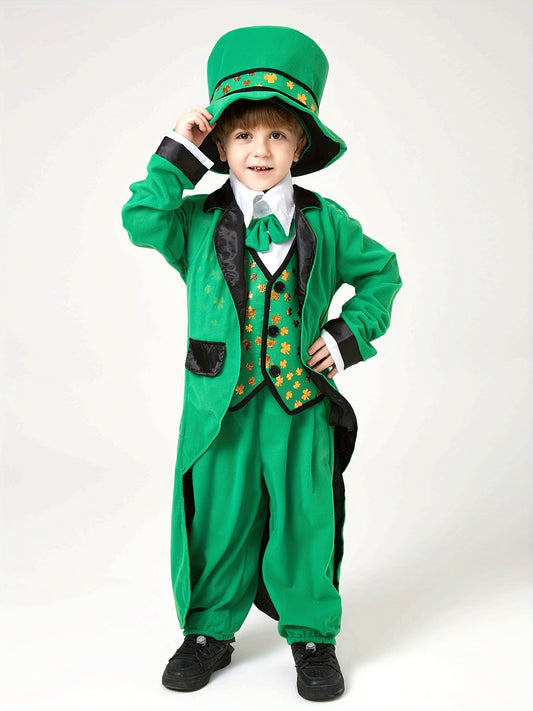 Boys' St. Patrick's Day Costume Set with Golden Clover Design - Includes Hat, Polyester Suit & Accessories for Festive Performances