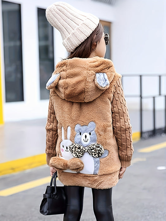 Girls' Autumn Winter Fashion Thickened Hooded Embroidered Warm Jacket, Cute Outing New Comfortable Thermal Coat