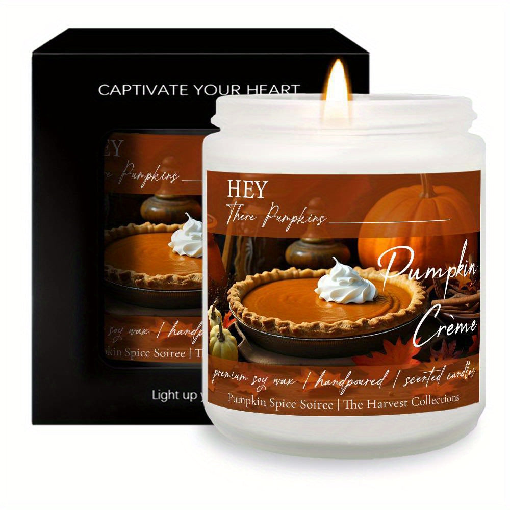 1pc Hello Pumpkin Creme Scented Candle - Autumn Fall Decor with Pumpkin Spice Scent, Soy Wax Candle in Amber Bottle - Long Burn Time (8-12 Hours) for Thanksgiving, Halloween, Birthday, Home, Office - Gift for Women, Men, Mom, Dad, Couples, Coworkers - Co