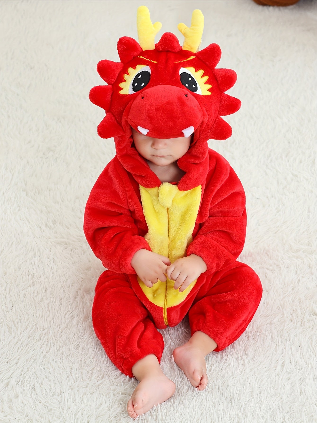 Children's Red Dragon Bodysuit, Halloween Outfit, Autumn/Winter Flannel Hooded Romper, Perfect for Outdoor