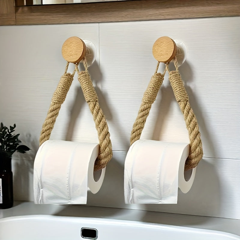 2pcs Hemp Rope Paper Towel Holder Solid Wood Woven Storage Towel Rack Washcloth Holder Creative Hole-Free Roll Paper Holder
