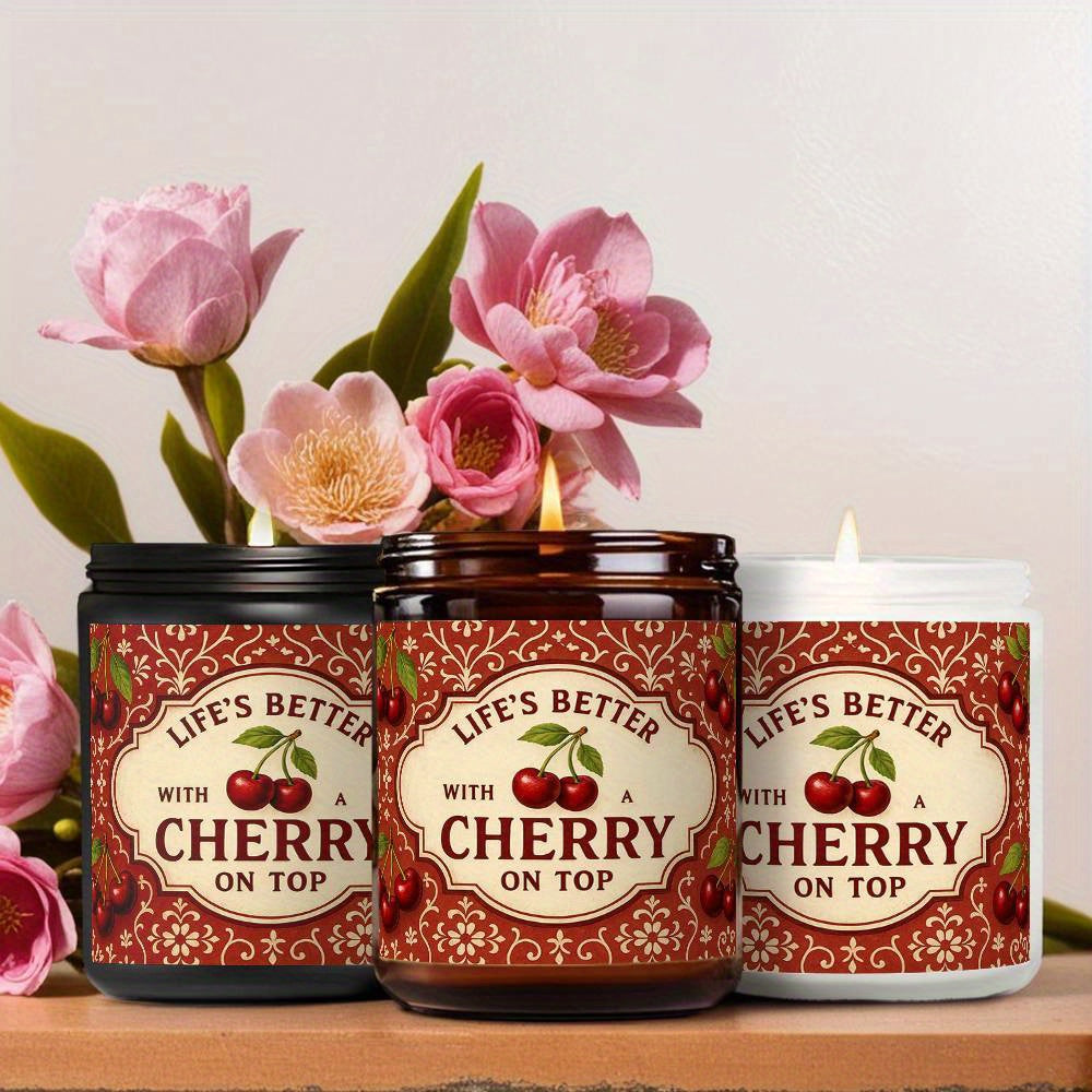 1pc Soy Wax Candle with Cherry & Bow Design - Long-Lasting 12+ Hour Burn Time, Glass Jar with Lid, Farmhouse Decor for Home, Birthday, Valentine'S Day, Christmas, Anniversary Gift for Women, Girlfriend, Wife, Mom, Cute Aesthetic Home Accent, Candle Holde