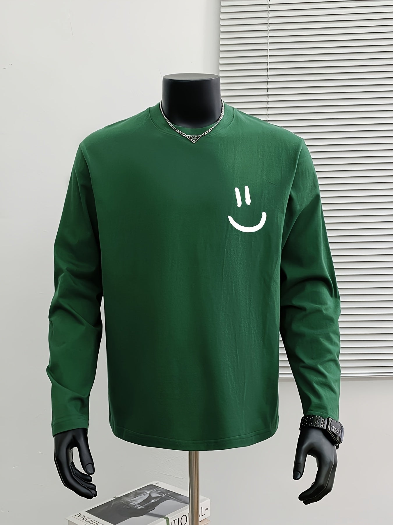 Men'S Heavyweight Cotton Long Sleeve T-Shirt with Back Smile Graphic - Relaxed Fit Round Neck Casual Top for Spring/Fall, Versatile Layering Essential, Machine Washable, Multi-Occasion Wear, Spring Fall Apparel, Playful Design, Durable Casualwear, Everyd