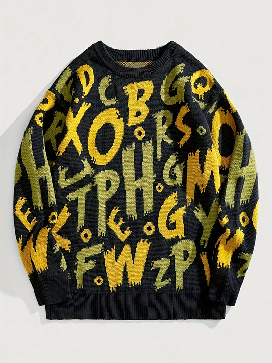 Men'S Oversized Knit Sweater with Bold Letter Print - Cozy Long Sleeve Crew Neck Pullover for Fall/Winter, Casual Streetwear Style, Acrylic Blend, Relaxed Fit, Winter Streetwear | Bold Letter Print | Acrylic Blend Sweater