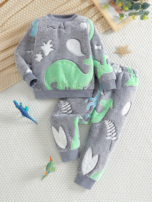 Children's Winter Casual Plush Cartoon Pattern Warm Men's Children's Long Sleeve Pants Two-piece Set Suitable for Outdoor Scenes