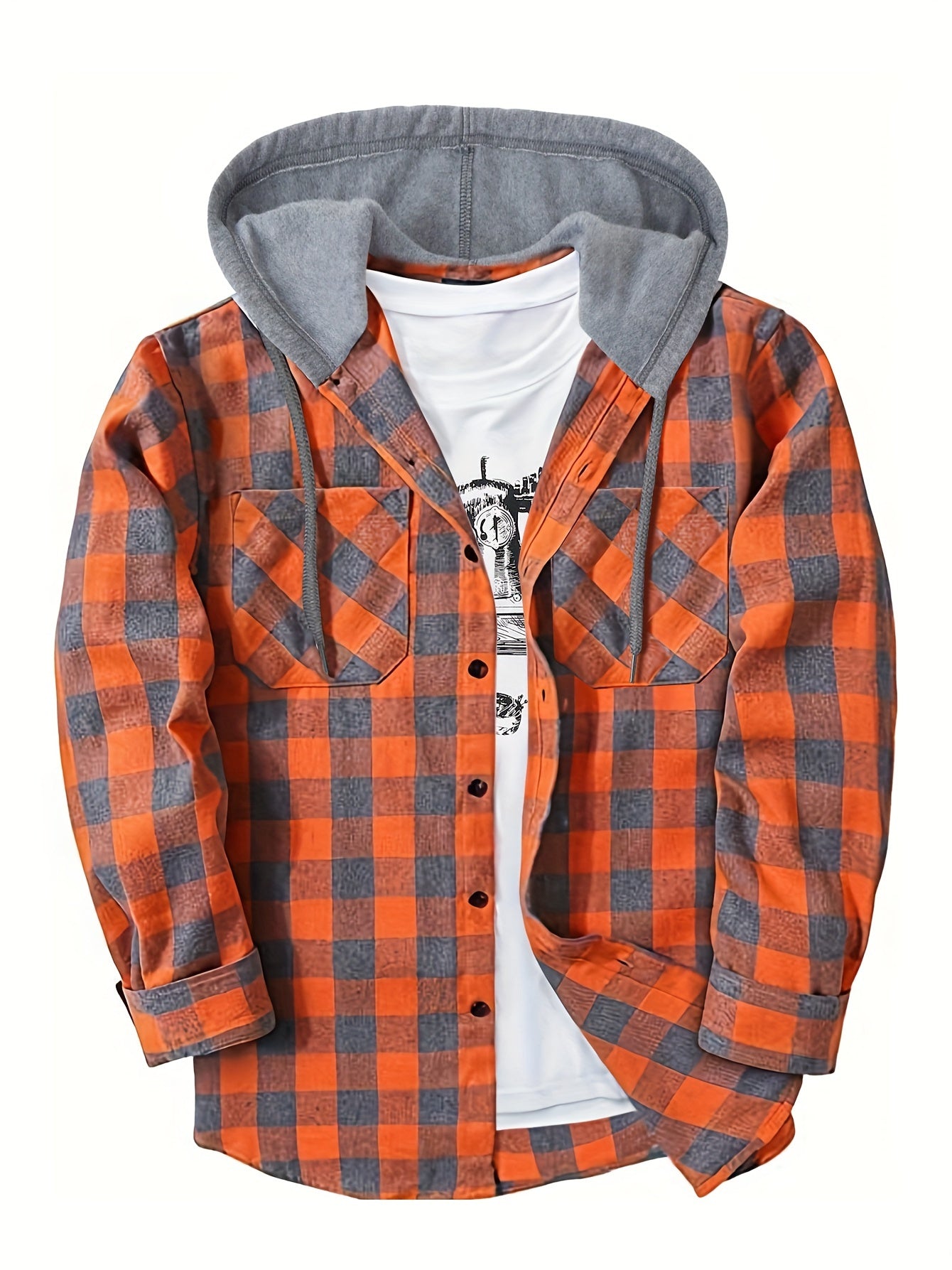 Long Sleeve Casual Regular Fit Button Up Hooded Shirts Jacket, Plaid Shirt Coat For Men