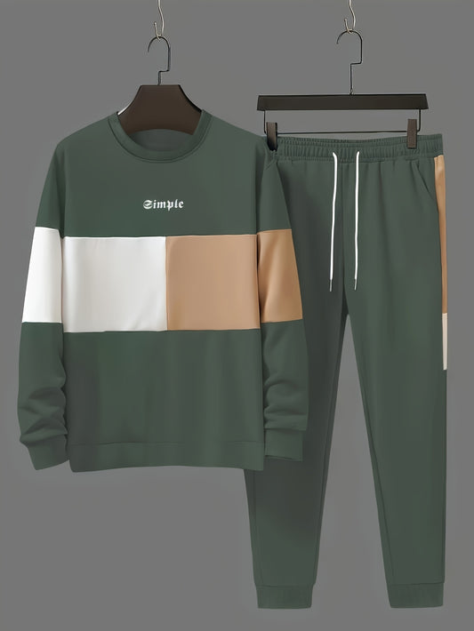 Men's Casual Crew Neck Sweatshirt & Joggers Set - Color Block, Polyester Blend, Machine Washable - Perfect for Spring/Fall, Leisure Style, Conventional Version, Spring/Autumn