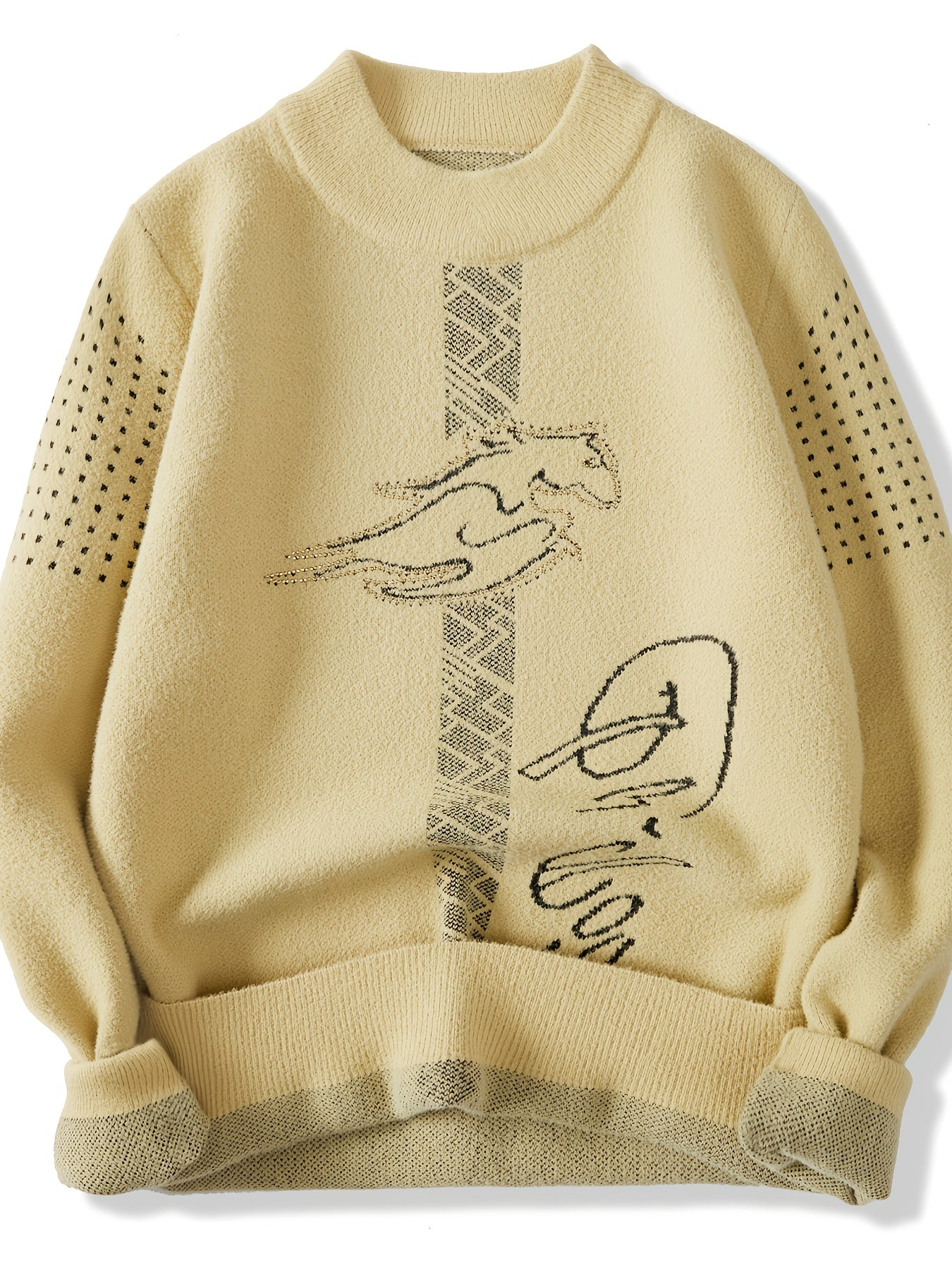 Men'S Beige Knit Sweater - Thermal Pullover Sweater for Fall/Winter, Slim Fit Sweater for Outdoor Activities, Hiking, Parties - Cold Weather Layering Essential for Men & Teens (Adults/Couples), Winter Clothing, Geometric Pattern, Warm Fabric, Casual Knit
