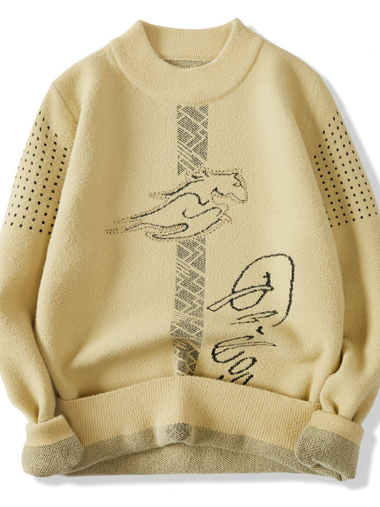 Men'S Beige Knit Sweater - Thermal Pullover Sweater for Fall/Winter, Slim Fit Sweater for Outdoor Activities, Hiking, Parties - Cold Weather Layering Essential for Men & Teens (Adults/Couples), Winter Clothing, Geometric Pattern, Warm Fabric, Casual Knit