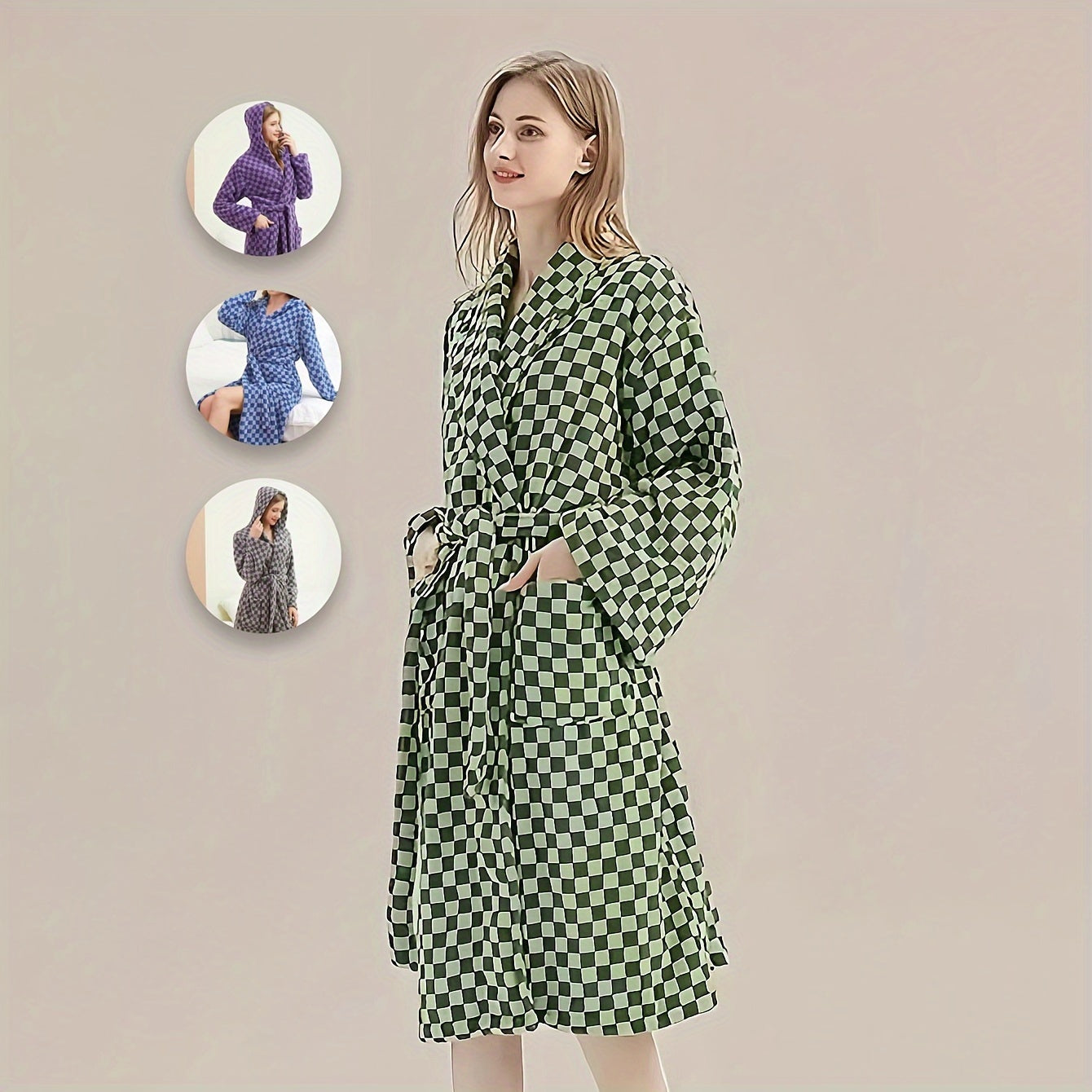 Luxurious Checkerboard Coral Fleece Bathrobe for Couples, Long Sleeve, Hooded, Extra Thick & Soft, Non-Shedding, Ideal for Home & Hotel Use