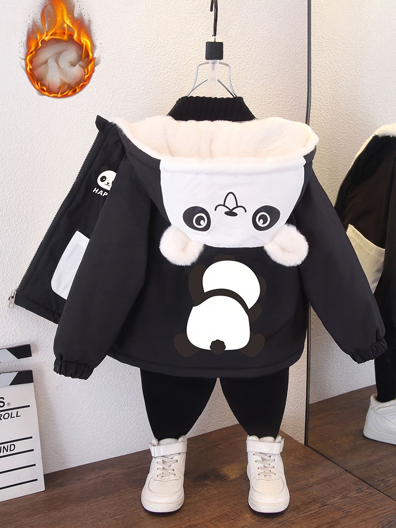 Youngsters' Cozy Fleece-Lined Hooded Jacket with Cute Panda Print - Color Block, Warm & Stylish for Boys and Girls, Perfect for Fall/Winter, Leisure Style, Loosen Version, Autumn/Winter