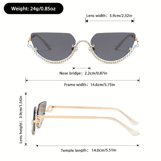 1pc Vintage Semi-Rimless Fashion Glasses with Moon-Shaped Lenses, Rhinestone-Embellished Metal Frame, Polycarbonate Material, Ideal for Birthday Gifts and Photography Props, Stylish Eyewear|Vintage Fashion Glasses|Rhinestone Accents