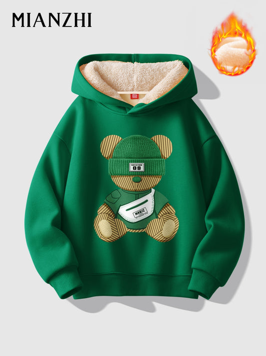 MIANZHI Boys' Heavy-Duty Hoodie - Thick Winter Pullover Sweatshirt, Loose Fit Hooded Sweater for Kids, Cold Weather Outdoor Activities, School & Everyday Casual Wear - Green Hooded Sweater for Boys, Kids Outdoor Apparel, Cartoon Bear Design, Plush Lined